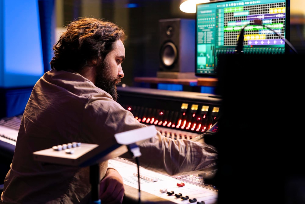 Man sat editing music