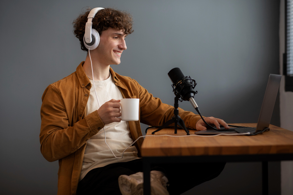 smiling man with hot drink, headphones and mic remote podcasting