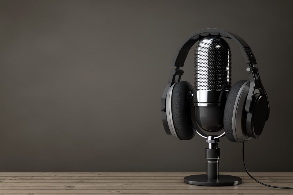 mic and headphones on wooden table