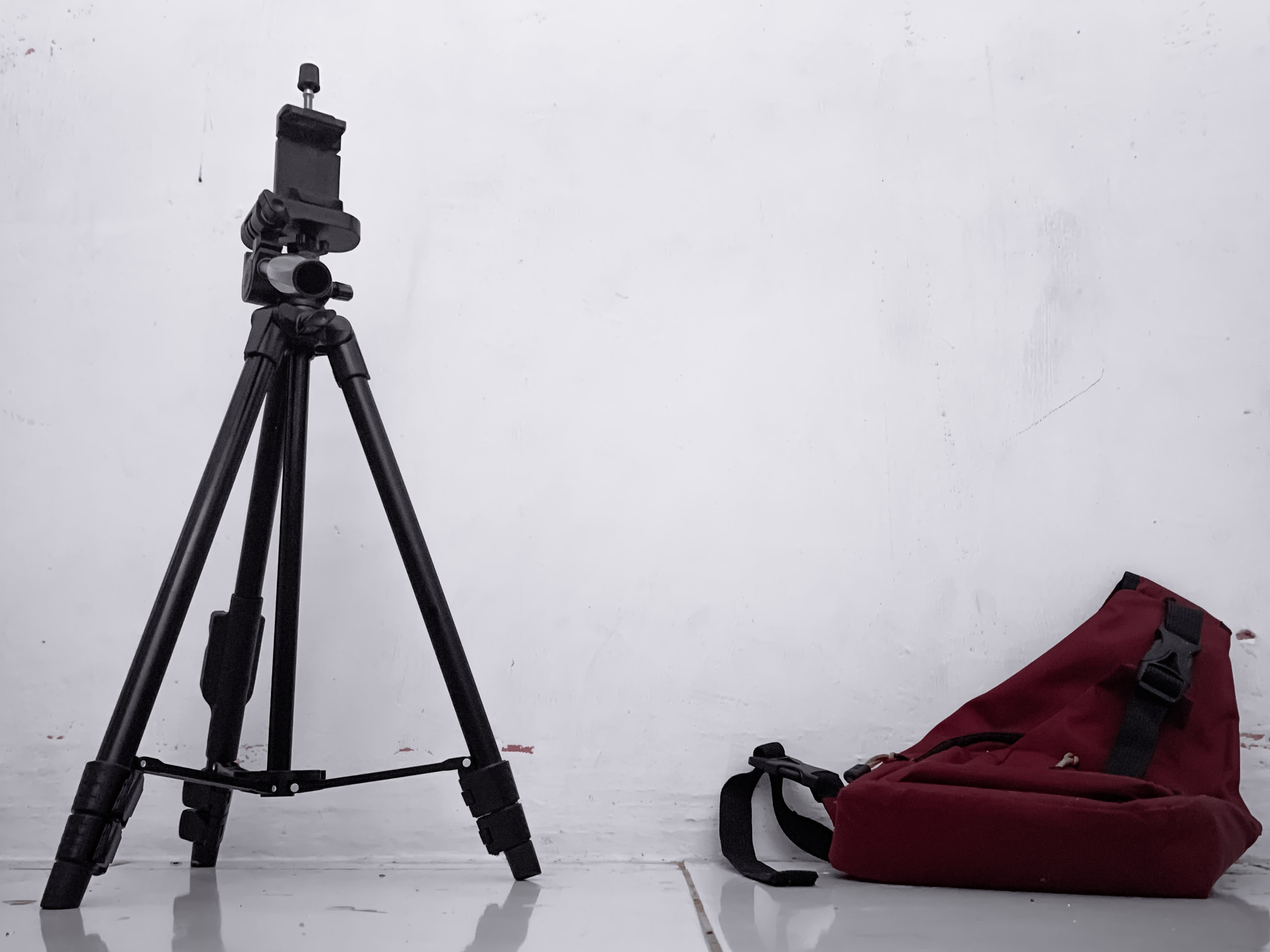 High angle view of camera on table against wall