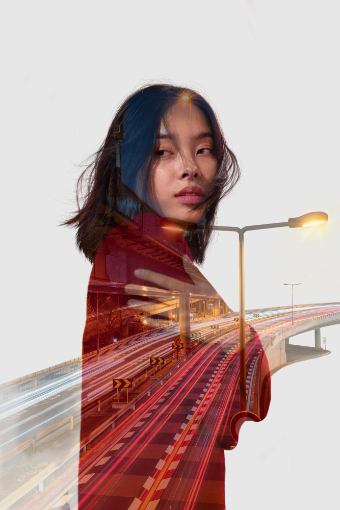 woman and highway double exposure photo