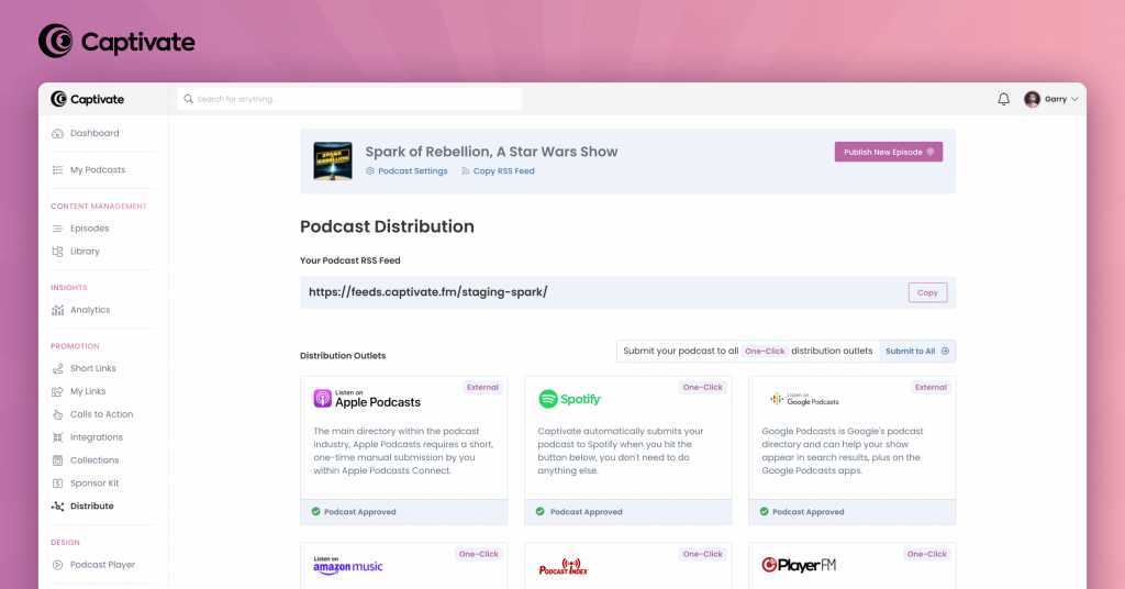 captivate podcast distribution dasboard
