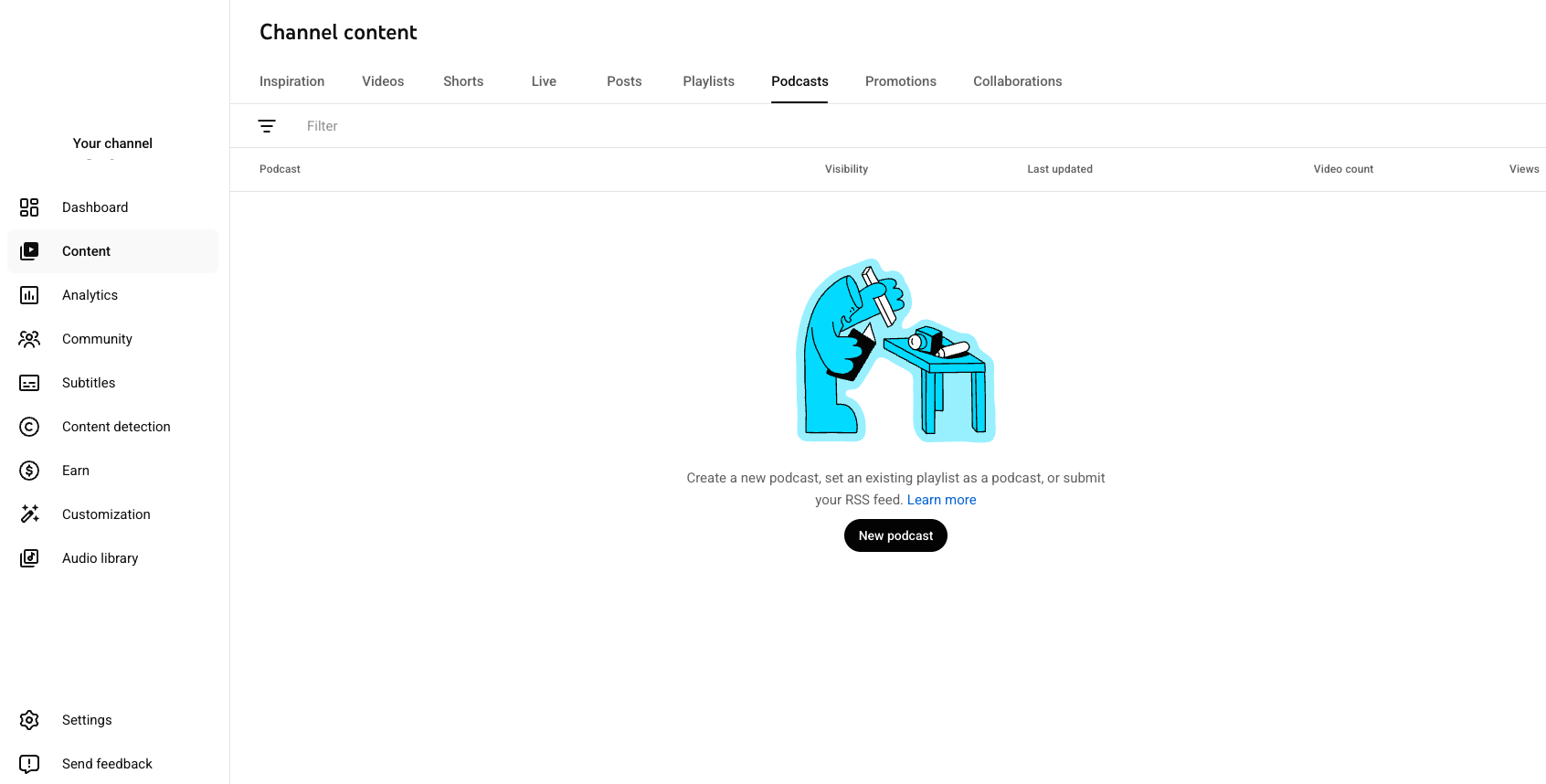 youtube studio channel content page new podcast