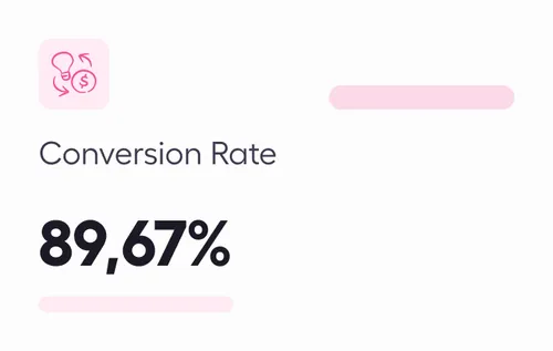 Conversion rate of 89.67% displayed on a dashboard with an icon representing money and business processes.