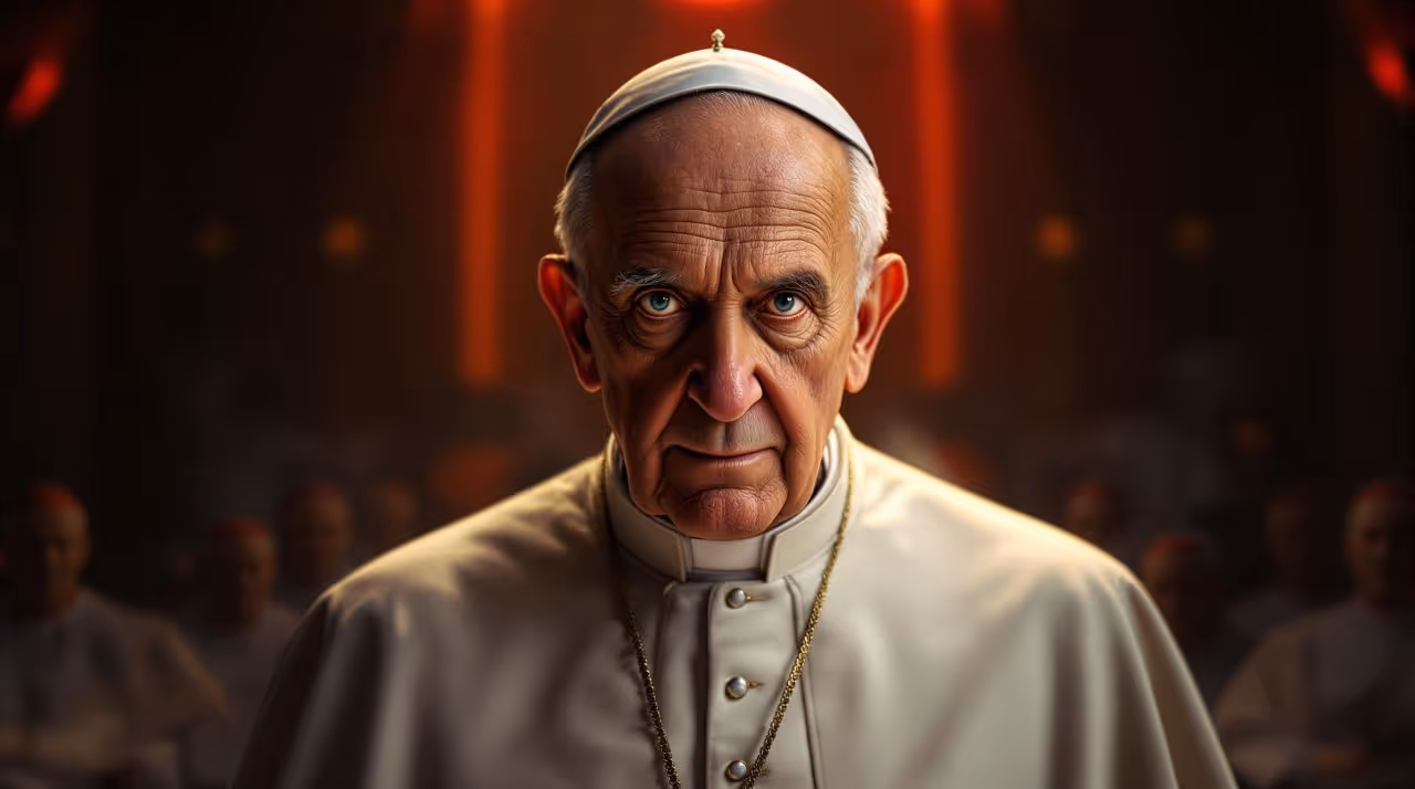 Portrait du pape François en habit liturgique, sur fond sombre avec cardinaux en arrière-plan