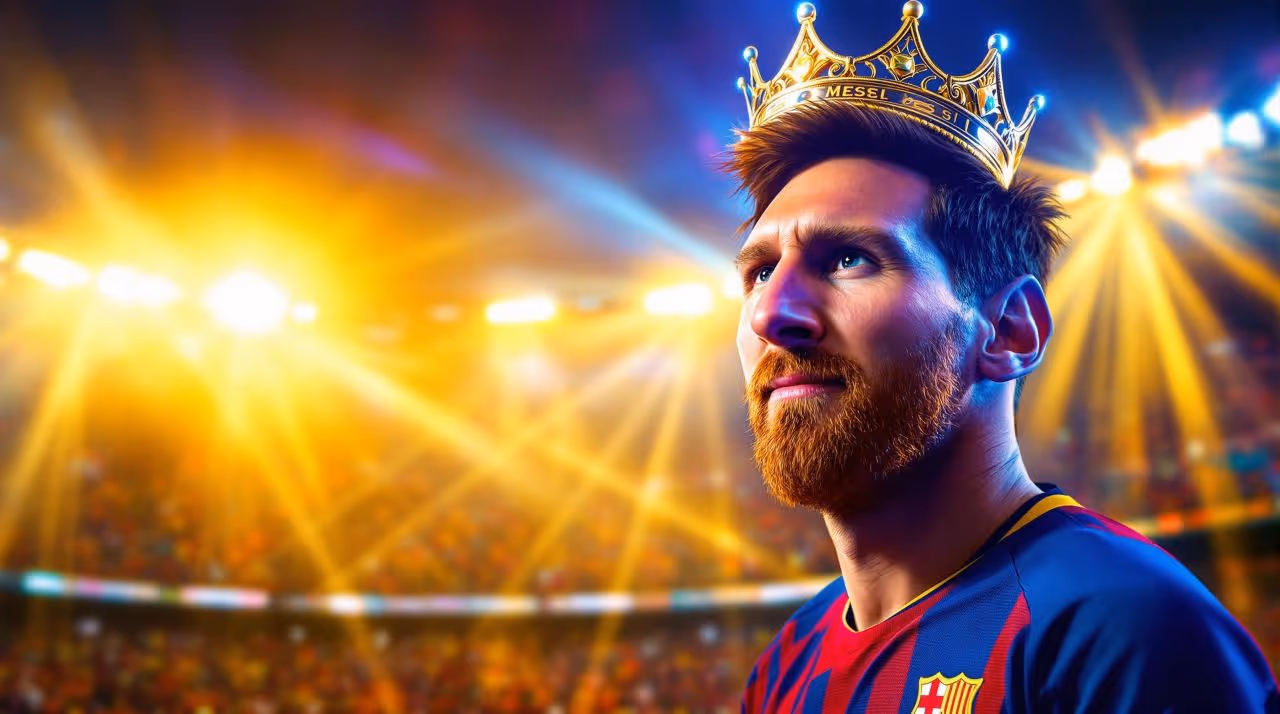 Lionel Messi portant une couronne dorée, en maillot du FC Barcelone, sous les projecteurs d’un stade en lumière