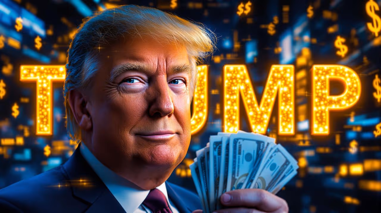 Donald Trump tenant des billets de banque, fond lumineux avec le mot 'TRUMP' en lettres dorées et des symboles de dollar