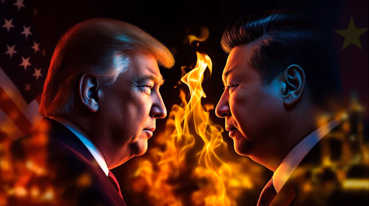 Donald Trump et Xi Jinping face à face, avec des flammes entre eux, sur fond de drapeaux américain et chinois