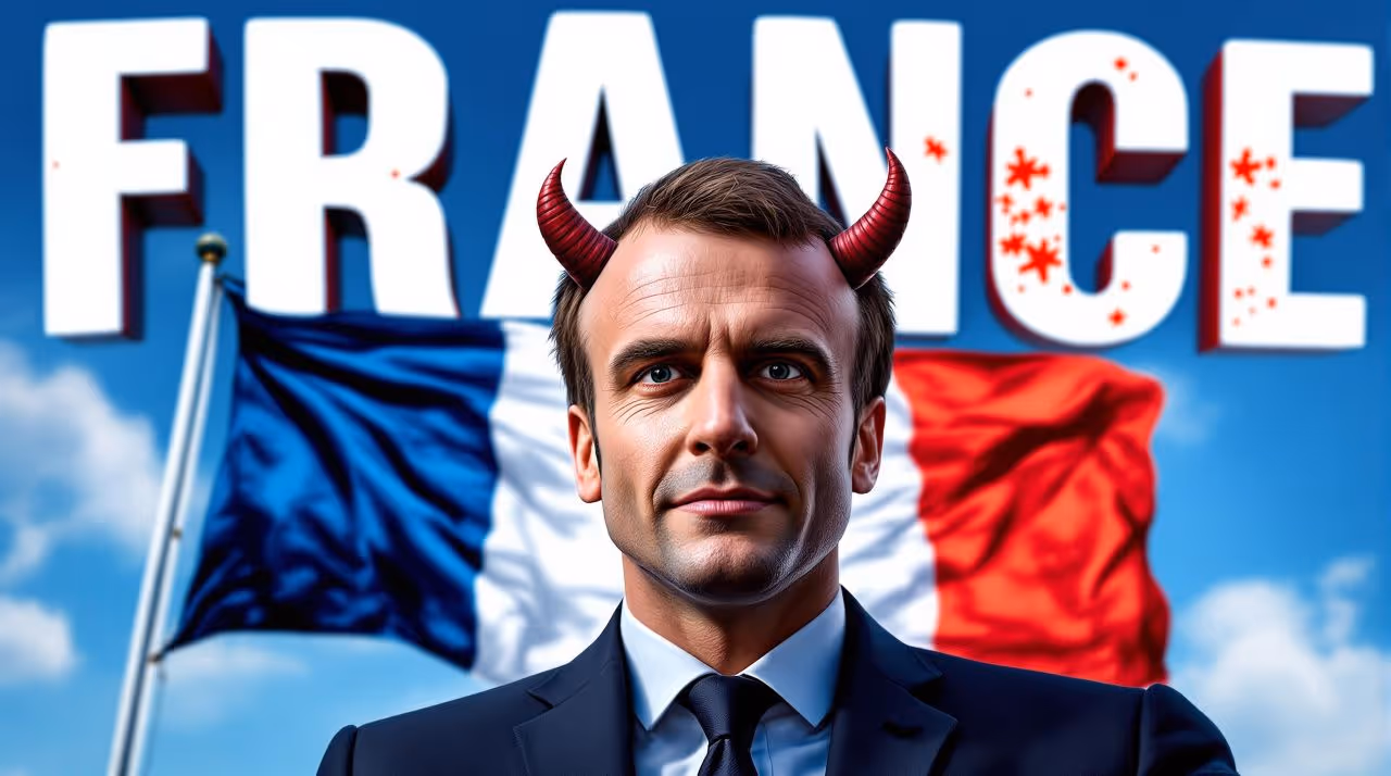 Emmanuel Macron en costume avec des cornes rouges ajoutées, devant un drapeau français et le mot 'FRANCE' en arrière-plan