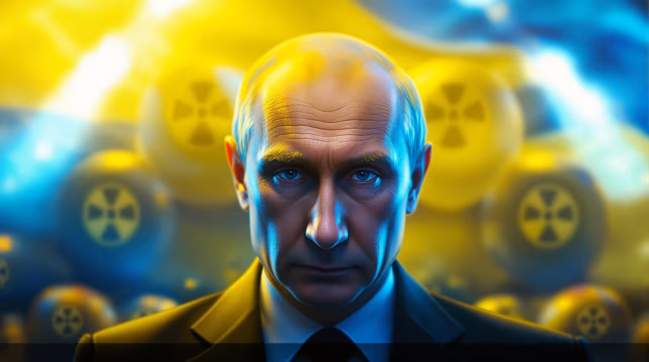 Homme chauve en costume avec expression sérieuse, devant des barils jaunes marqués du symbole nucléaire