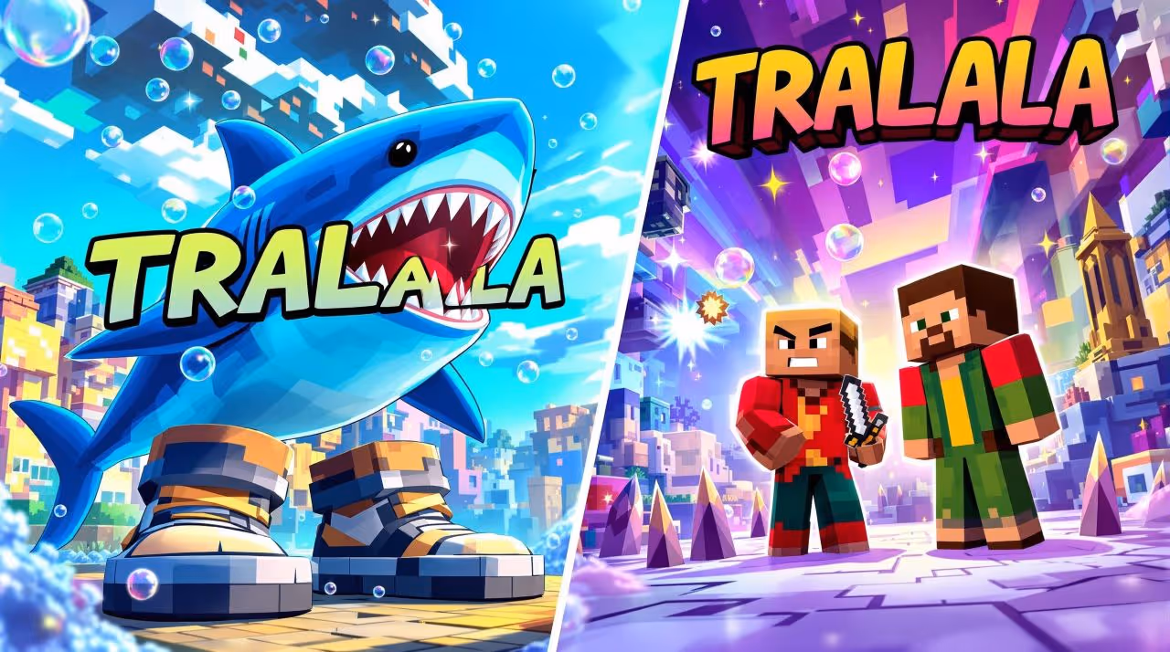 Montage coloré avec un requin robot géant à gauche et deux personnages style Minecraft à droite, avec le mot 'TRALALA' en grand sur chaque moitié