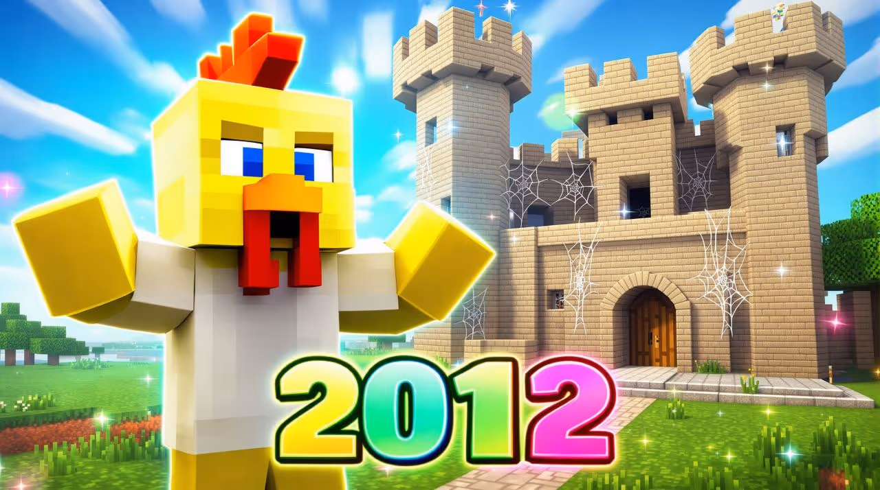 Personnage Minecraft avec tête de poulet devant un château en blocs, texte coloré '2012' en bas de l’image