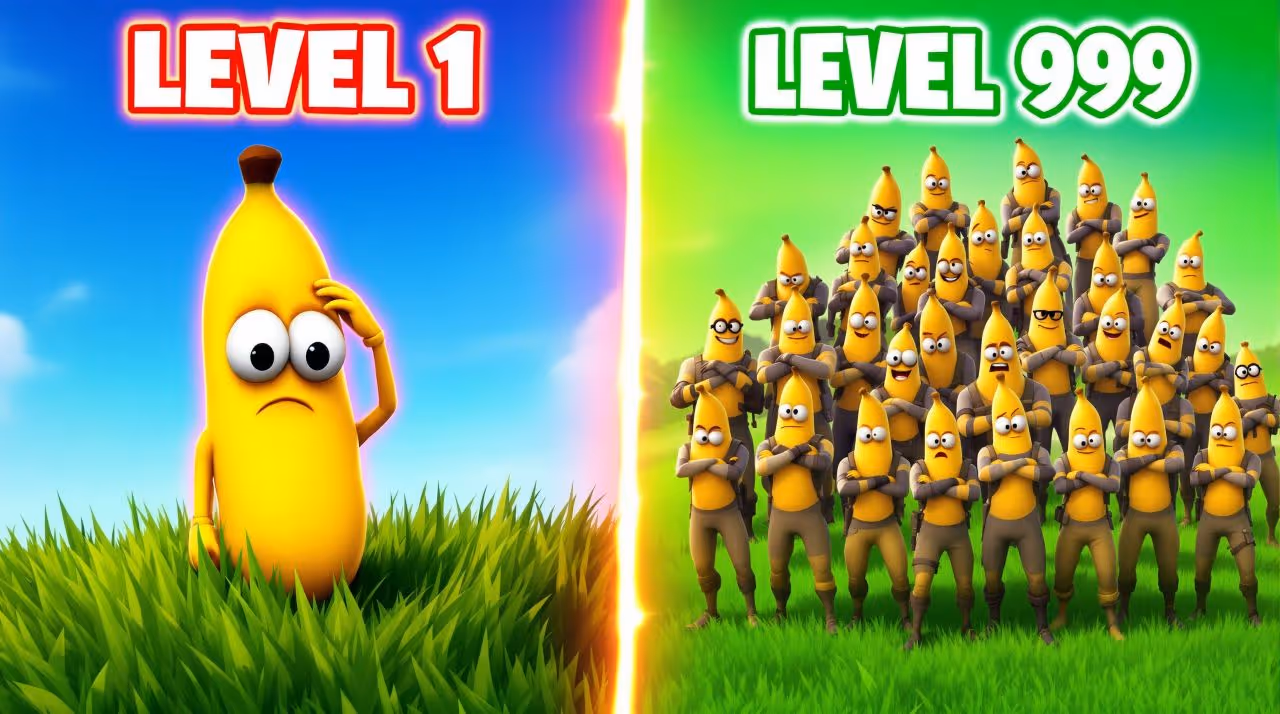 Comparaison visuelle avec à gauche une banane animée seule sous le titre 'LEVEL 1', et à droite un groupe de nombreuses bananes sous le titre 'LEVEL 999'