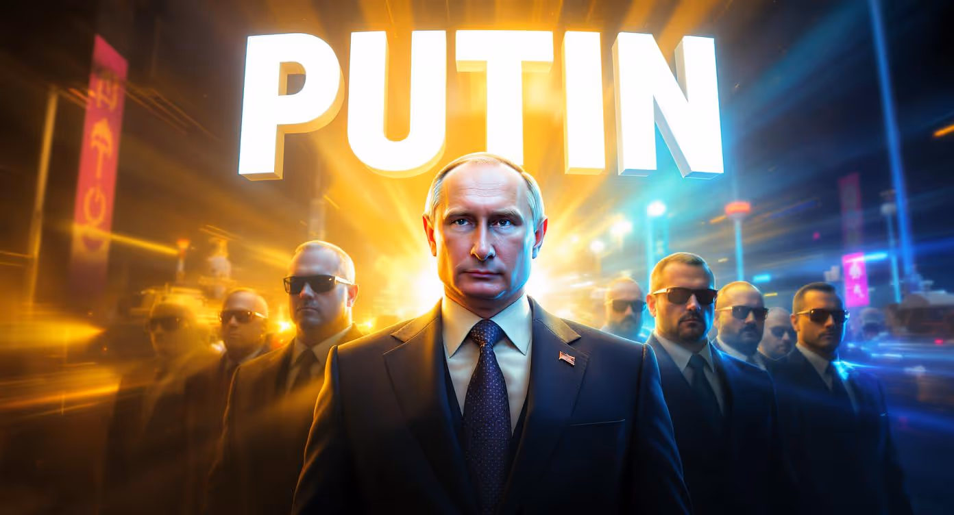 Vladimir Poutine en costume sombre, expression sérieuse, entouré d’agents en costume et lunettes noires, sur fond de ville futuriste illuminée avec le mot “PUTIN” en lettres géantes lumineuses.
