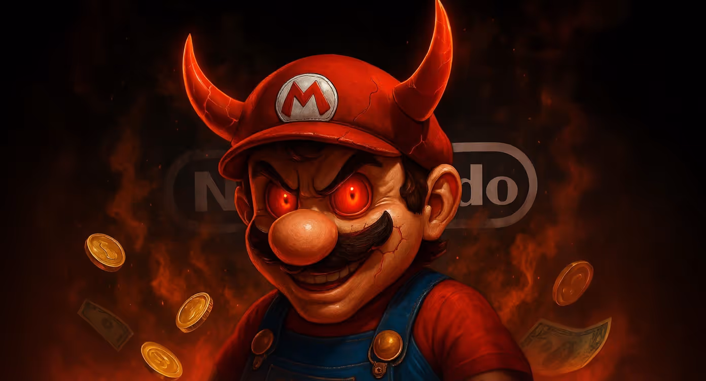 Mario est représenté avec un regard diabolique et des cornes rouges fissurées sur sa casquette. Ses yeux brillent d’un rouge intense, injectés de flammes. Le fond est plongé dans une atmosphère infernale : flammes rouges, fumée noire, pièces d’or et billets qui flottent autour de lui. Le logo “Nintendo” est subtilement visible à l’arrière-plan, renforçant l’allusion à la critique capitaliste et corrompue de l’univers Mario.

