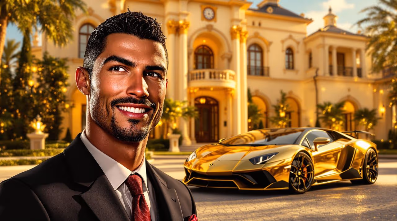 Homme souriant en costume devant une villa de luxe et une voiture de sport dorée