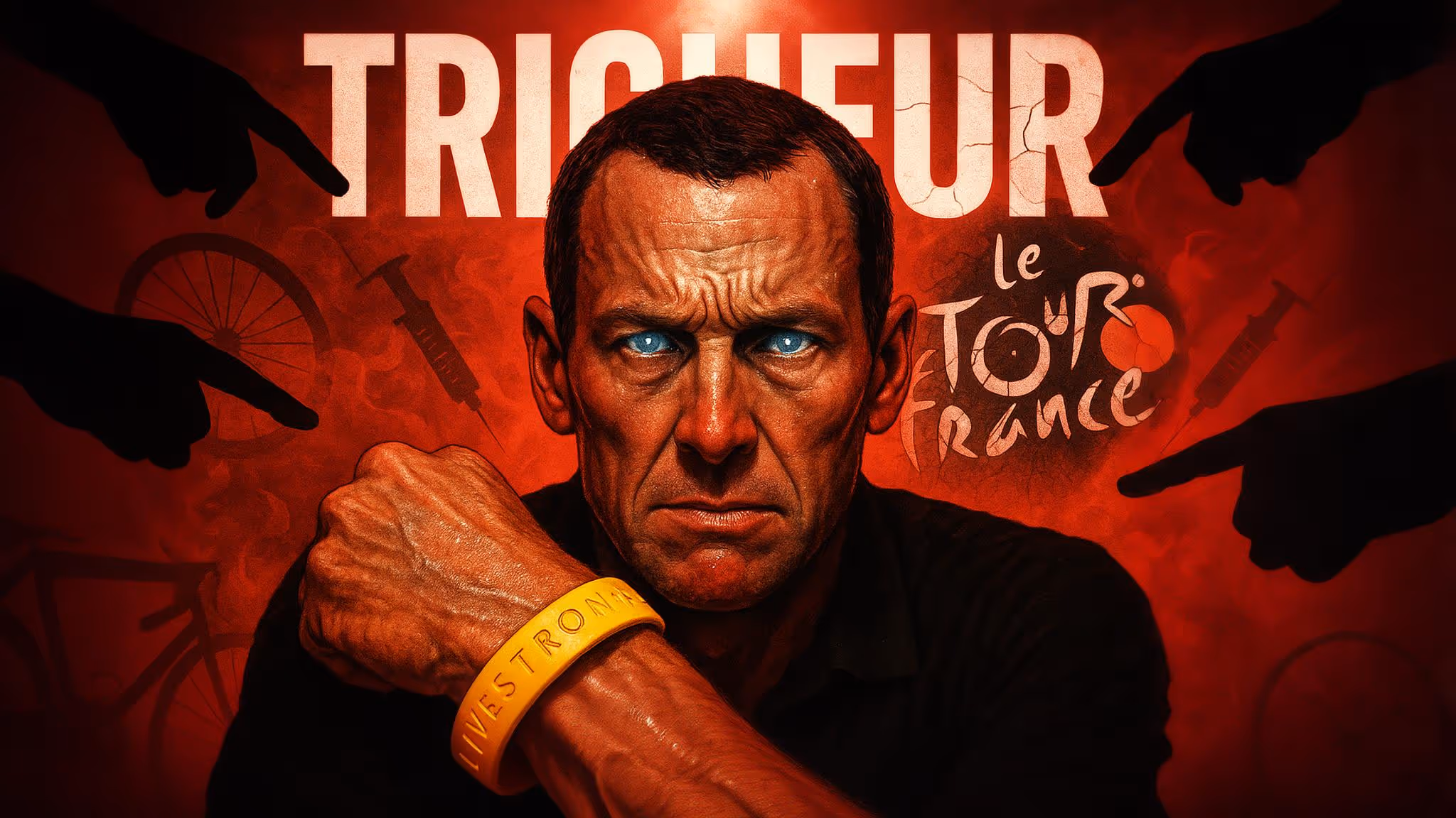 Portrait intense de Lance Armstrong sur fond rouge vif, poing serré portant un bracelet jaune “LIVESTRONG”. Derrière lui, silhouettes d’aiguilles, roues de vélo et le logo “Le Tour de France”. De grandes mains noires pointent vers lui, accentuant l’accusation. Ses yeux brillent d’un bleu glacial, renforçant l’impact visuel.