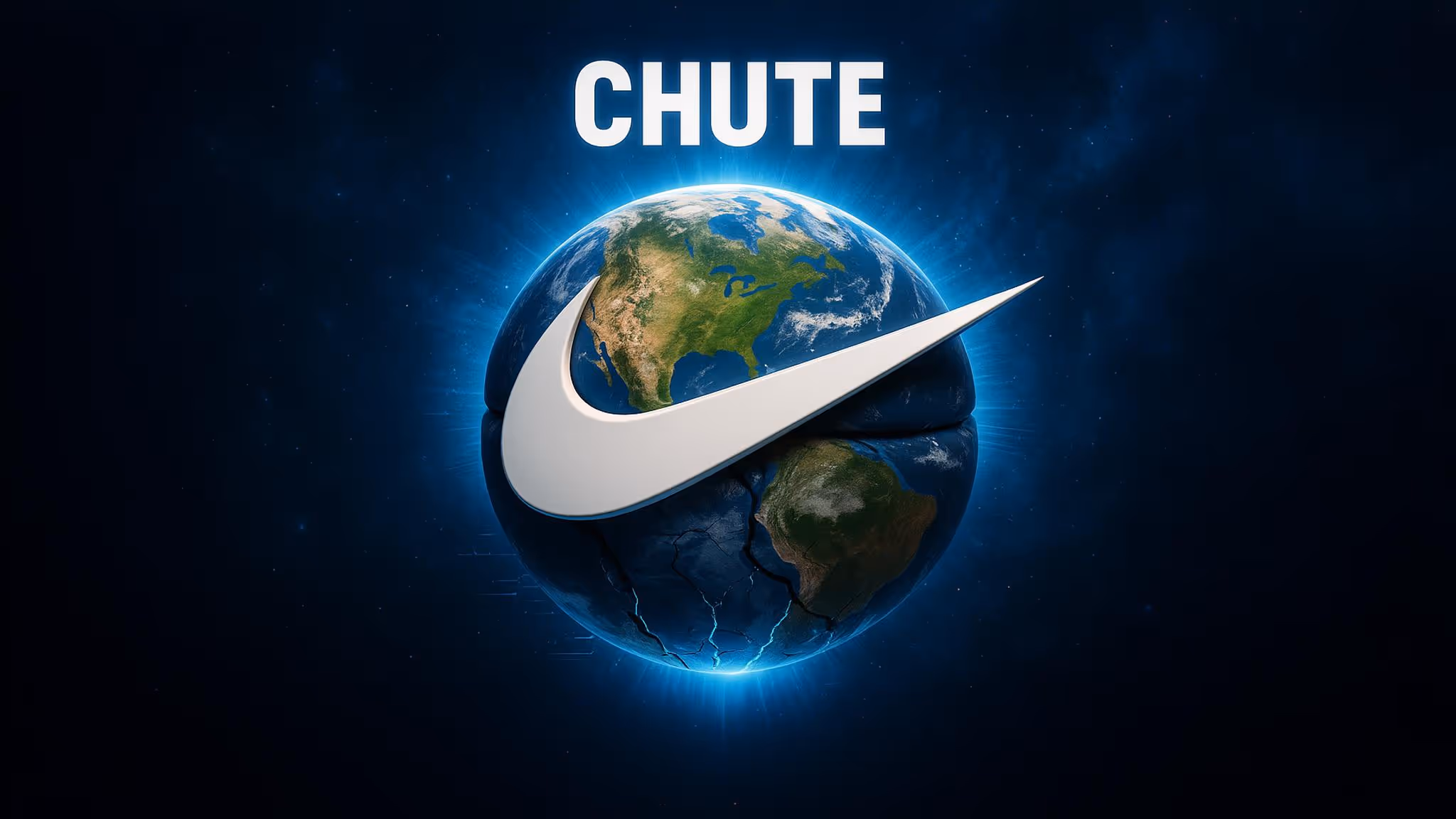 Illustration numérique représentant la Terre flottant dans l’espace, avec un gigantesque logo Nike blanc tranchant la planète en deux.
Le bas du globe présente des fissures lumineuses bleutées, donnant l’impression d’une destruction imminente.
En haut, en lettres capitales blanches : “CHUTE”.
Arrière-plan sombre et étoilé, halo lumineux bleu autour de la planète.