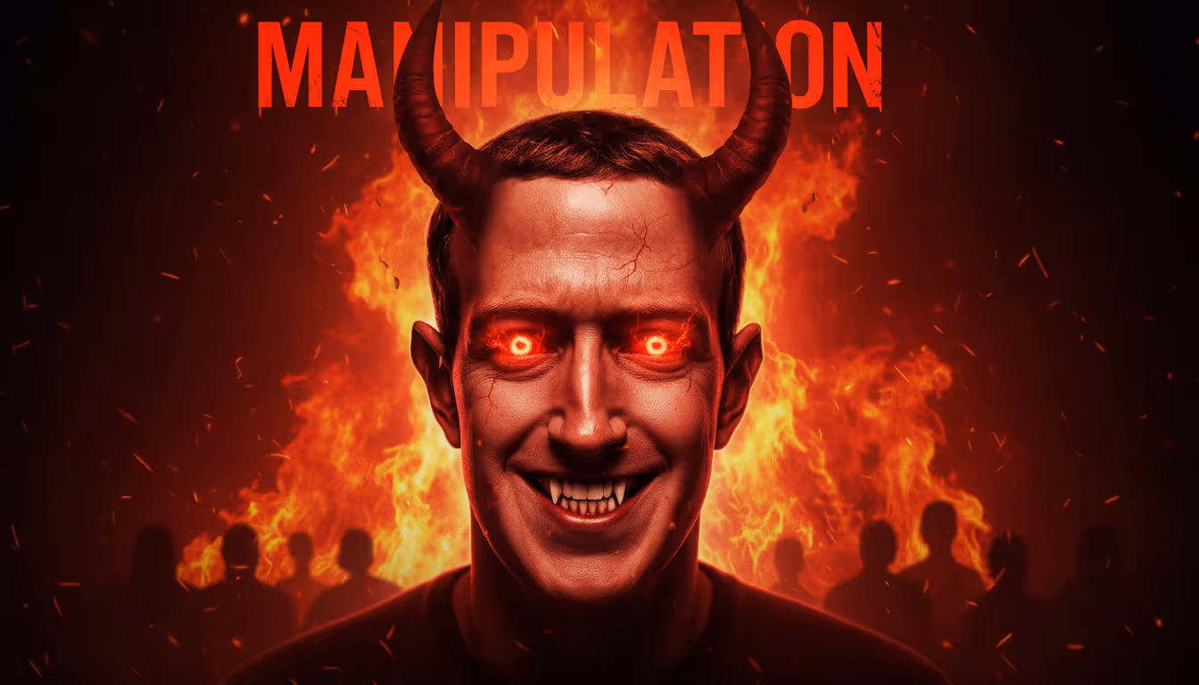 Portrait sombre et diabolique de mark zuckerberg au regard robotique rouge flamme, fixant intensément l’objectif. En arrière-plan : il y a un enfer et des figures humaines schématisées, évoquant un réseau mondial. Le mot "MANIPULATION" est écrit en haut en majuscules blanches. Couleurs chaude et ambiance dystopique.