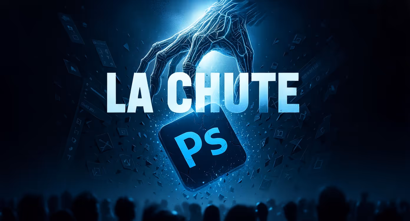 Une main stylisée en circuits électroniques (style “main d’IA” ou “main divine numérique”) laisse tomber un bloc bleu représentant l’icône de Photoshop (PS). Le tout est plongé dans une ambiance sombre bleutée, avec le mot “LA CHUTE” en typographie massive et glaciale. Des silhouettes humaines floues assistent à la scène en bas, comme une foule impuissante.