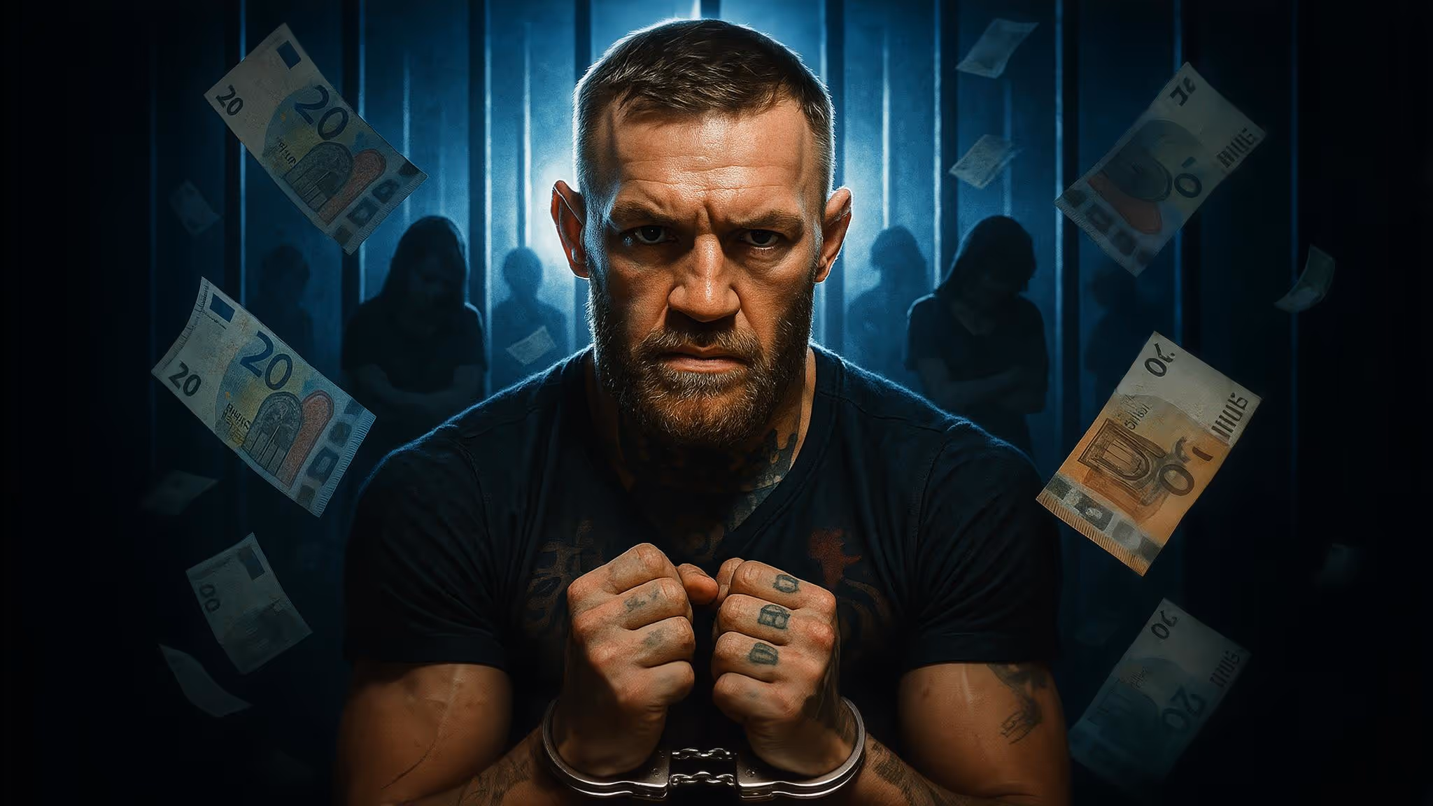 Mcgregor, menotté, regard noir intense face caméra, dans une cellule. Des billets d’euros flottent autour de lui. En arrière-plan : des prisonniers flous, dans une lumière froide et carcérale. L’ambiance est tendue, dramatique, presque cinématographique.
