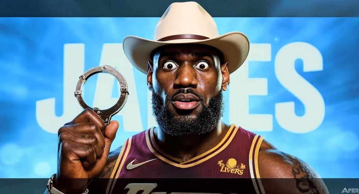 LeBron James en maillot des Cavaliers et chapeau de cowboy, regard exagérément surpris, tenant une paire de menottes devant un fond bleu avec le mot “JAMES” en grandes lettres blanches.