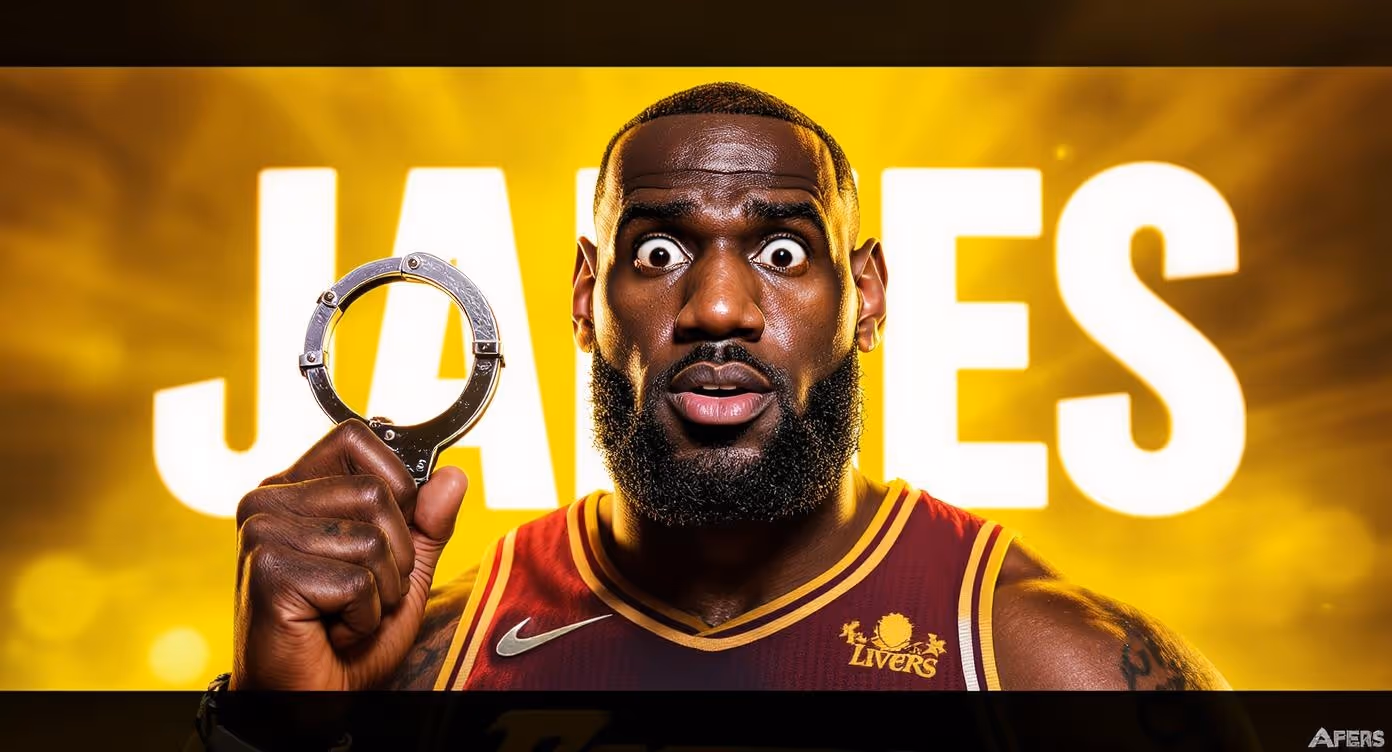 LeBron James en maillot des Cavaliers, expression choquée et yeux écarquillés, tenant une paire de menottes devant le mot “JAMES” en lettres blanches sur fond jaune éclatant.