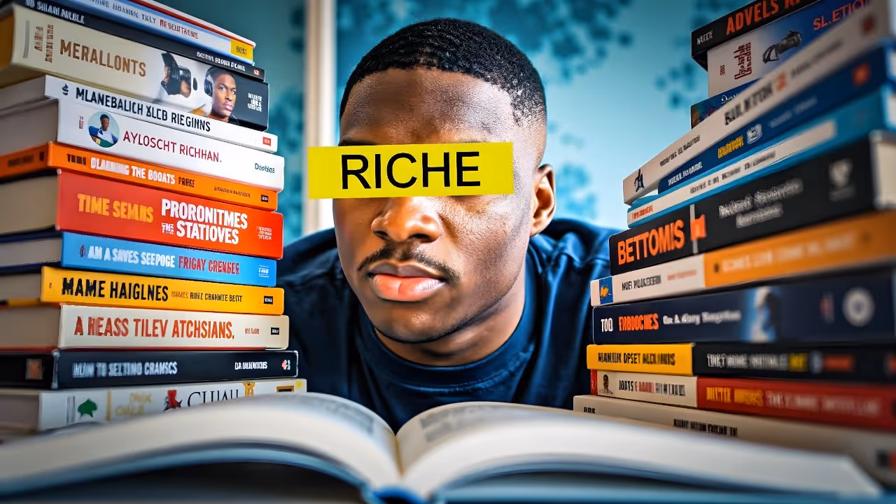Jeune homme concentré, entouré de piles de livres de développement personnel, avec un bandeau jaune marqué "RICHE" couvrant ses yeux.