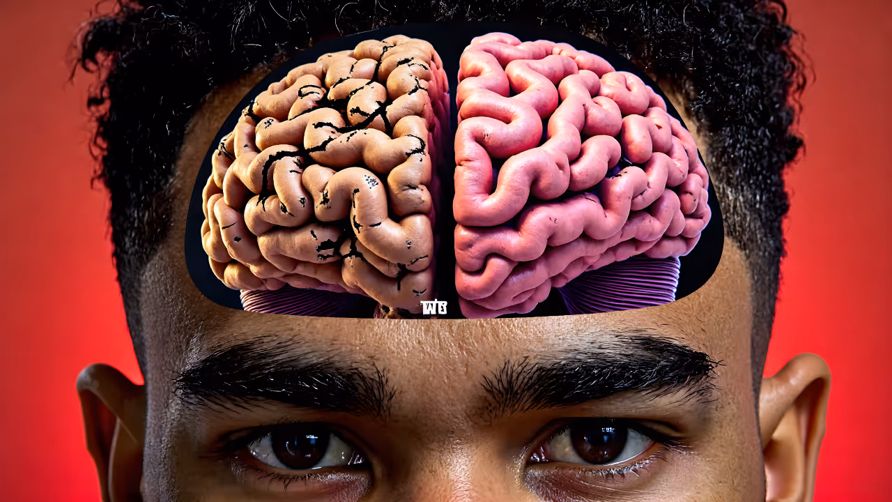 Gros plan sur le front d’un homme, dont le crâne est ouvert visuellement pour révéler deux hémisphères cérébraux : à gauche, un cerveau fissuré, sec et abîmé ; à droite, un cerveau lisse, rose et sain. Le contraste visuel suggère une opposition entre épuisement mental et vitalité.
