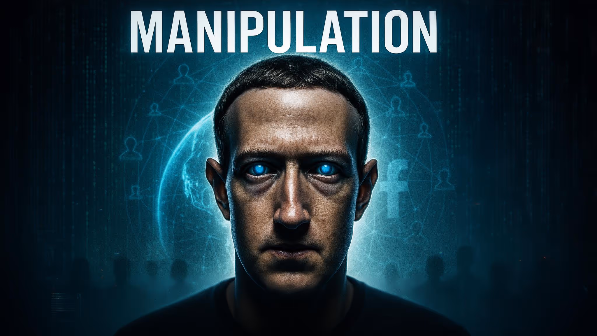 Portrait sombre de mark zuckerberg au regard robotique bleu néon, fixant intensément l’objectif. En arrière-plan : un globe connecté par des figures humaines schématisées, évoquant un réseau mondial. Le mot "MANIPULATION" est écrit en haut en majuscules blanches. Couleurs froides et ambiance dystopique.