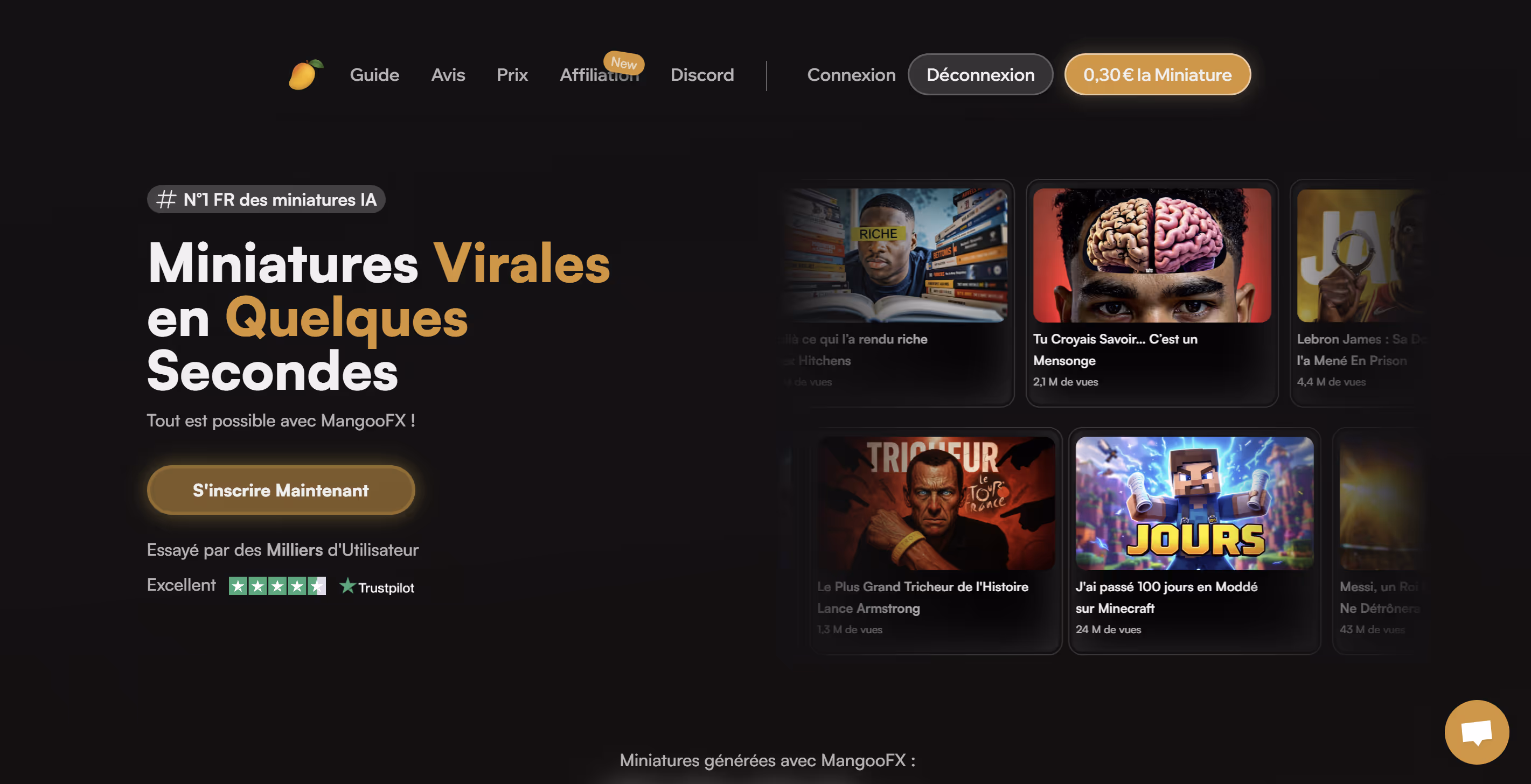 Interface de MangooFX, spécialiste de la miniature YouTube IA
