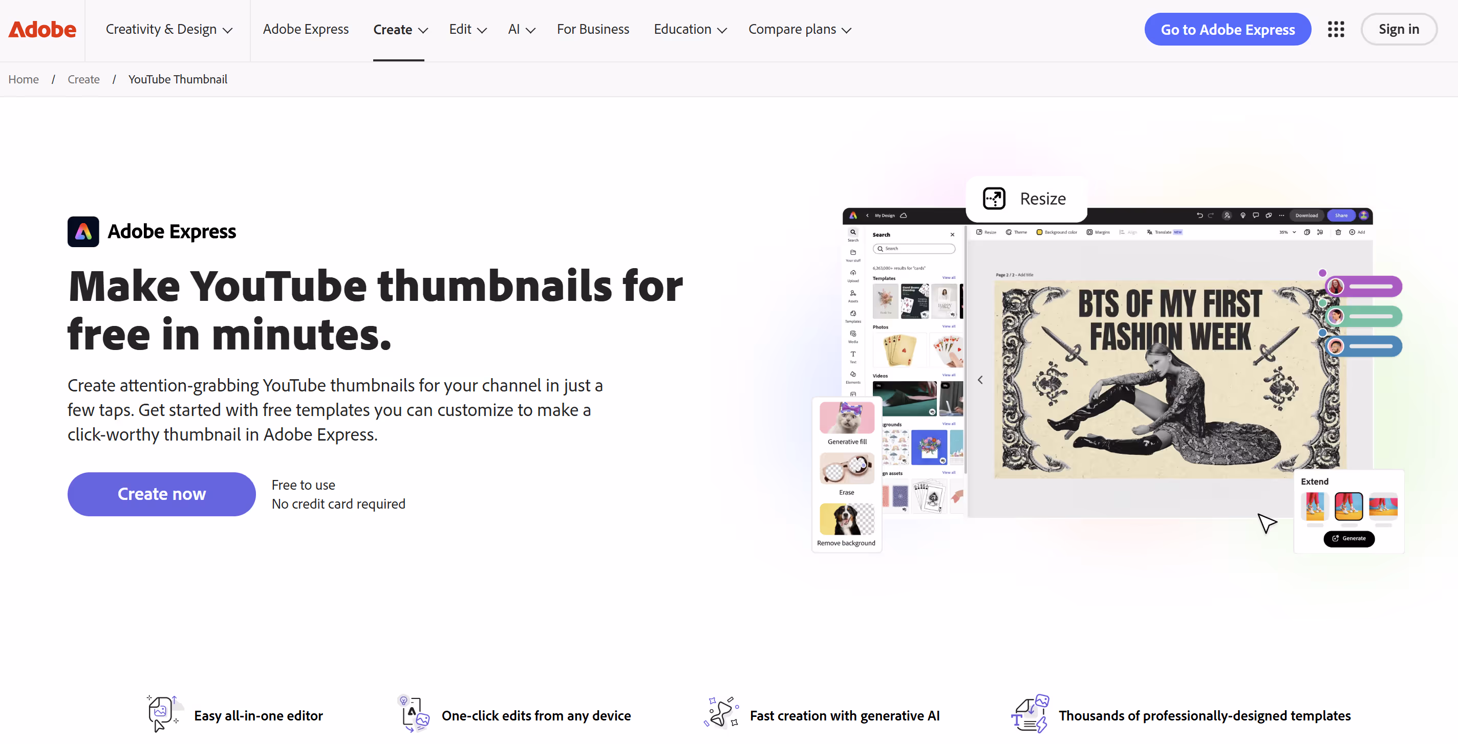 Interface de création sur Adobe Express