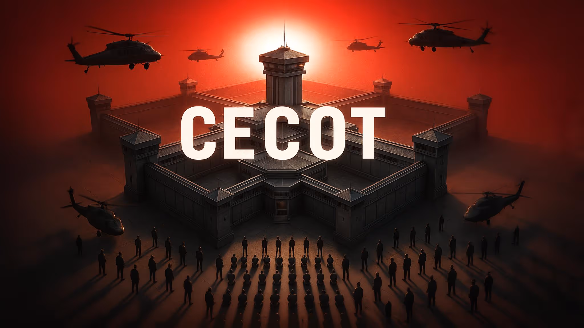 Vue aérienne d’un immense complexe pénitentiaire de forme symétrique, entouré de hautes tours de garde.
Le mot “CECOT” est inscrit en grandes lettres blanches au centre de l’image.
Plusieurs hélicoptères militaires survolent la zone, tandis qu’au sol, des rangées de soldats alignés font face à la prison.
L’ensemble est baigné d’une lumière rouge intense, symbolisant la tension, la discipline et la surveillance extrême.