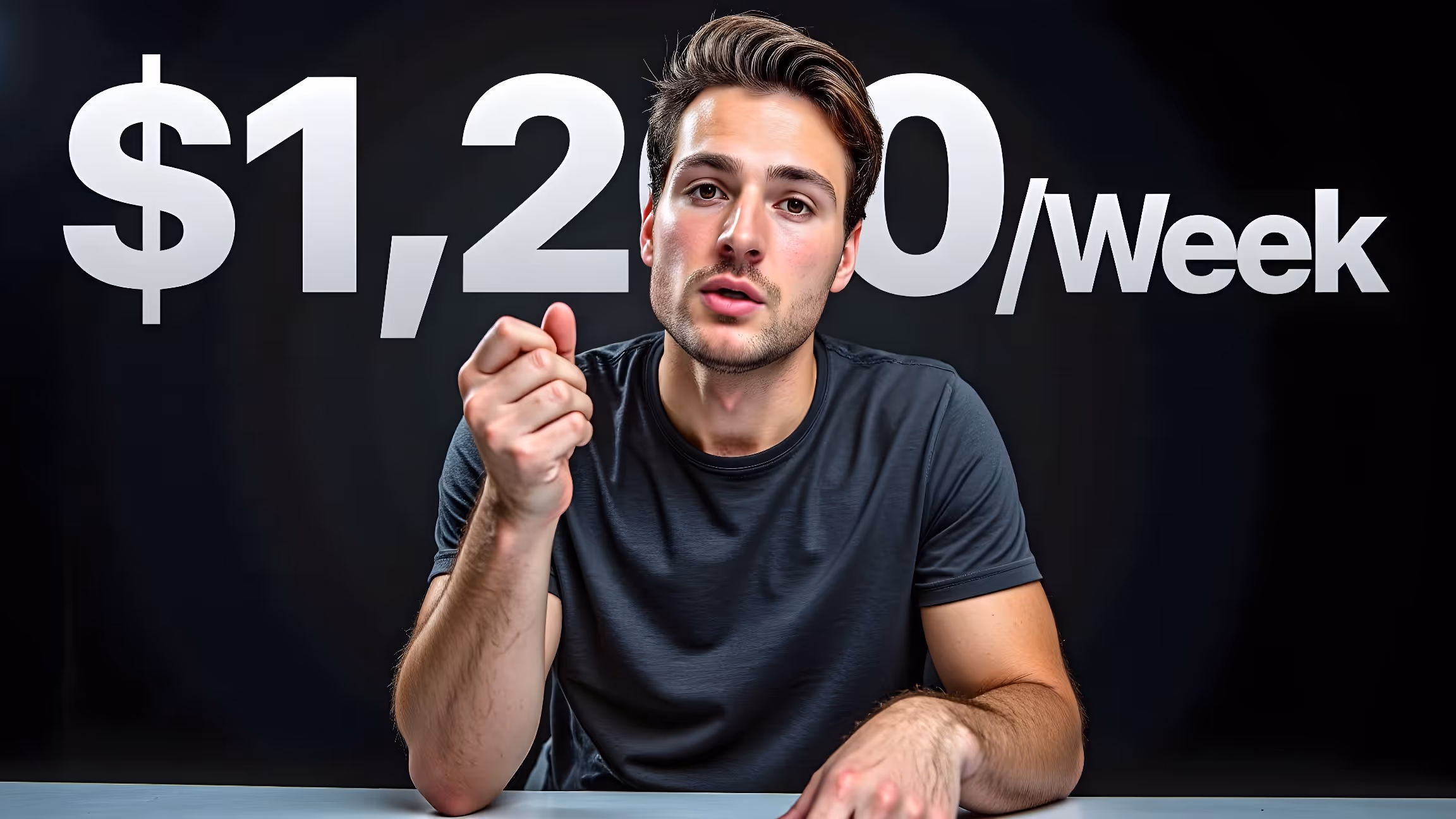 Un homme portant des lunettes et un t-shirt noir fait un geste de la main devant un texte indiquant 1 200 dollars par semaine.