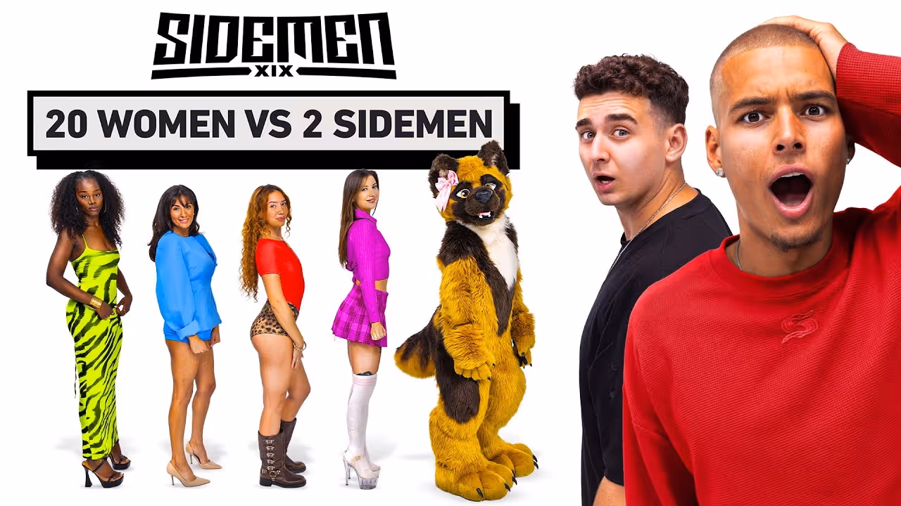 Quatre femmes debout en pleine longueur, une personne en costume de chien, et deux hommes à droite, l'un avec l'air surpris et l'autre bouche ouverte en signe de choc, sous le titre '20 femmes contre 2 Sidemen'.