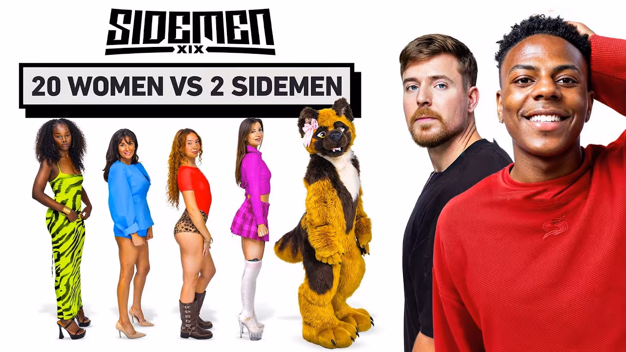 Quatre femmes debout en pleine longueur, une personne en costume de chien, et deux hommes à droite,Mrbeast et Ishowspeed l'un avec l'air surpris et l'autre bouche ouverte en signe de choc, sous le titre '20 femmes contre 2 Sidemen'.