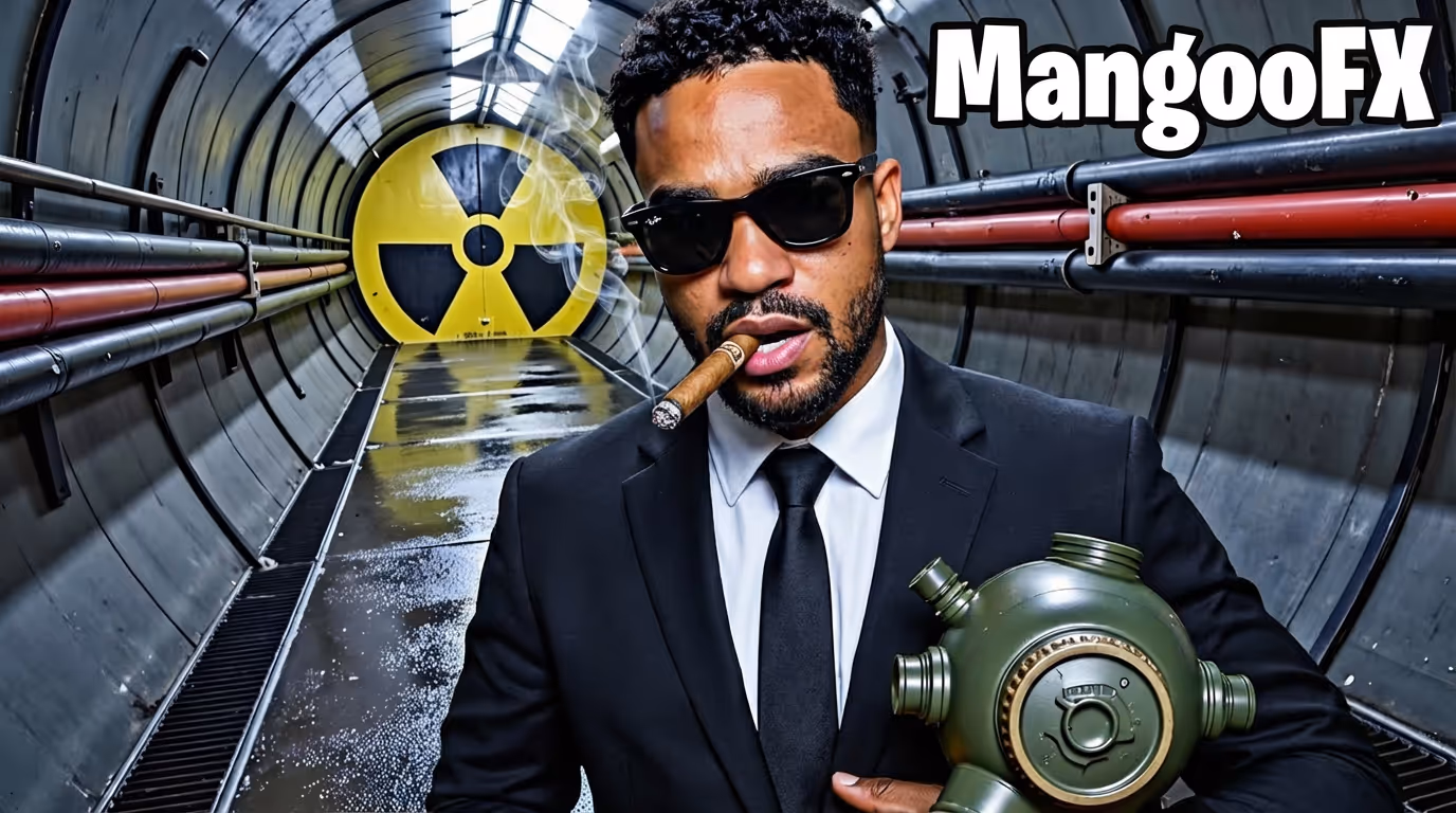 Homme portant un costume noir et des lunettes de soleil, fumant un cigare et tenant un masque à gaz dans un tunnel industriel avec un symbole de radiation jaune au fond.