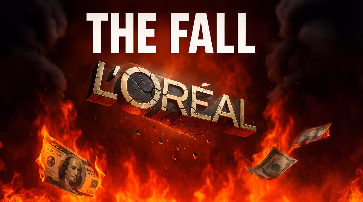 Le texte « THE FALL L'ORÉAL » avec L'ORÉAL en lettres fissurées entourées de billets de banque en flammes et de feu orange vif.