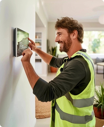 technician adjusting a smart thermostat on the wall