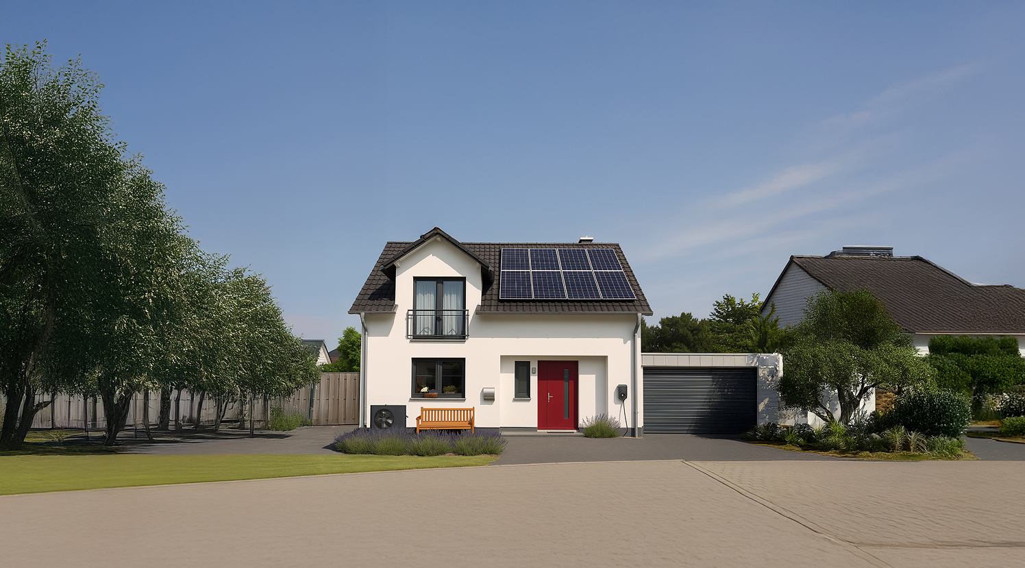 Hero section of Tink.energy’s website featuring a white house with solar panels, EV wall box, smart home devices, and heating technology, with a headline offering guidance on finding ideal energy setups.