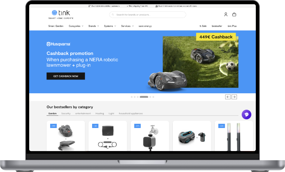 Tink.de homepage showing a  smart home product carousel.