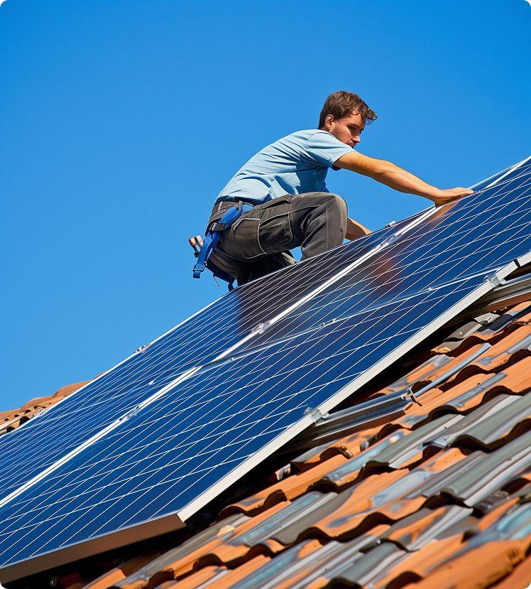 Handwerker, der die PV-Anlage installiert, bei der Arbeit auf dem Dach