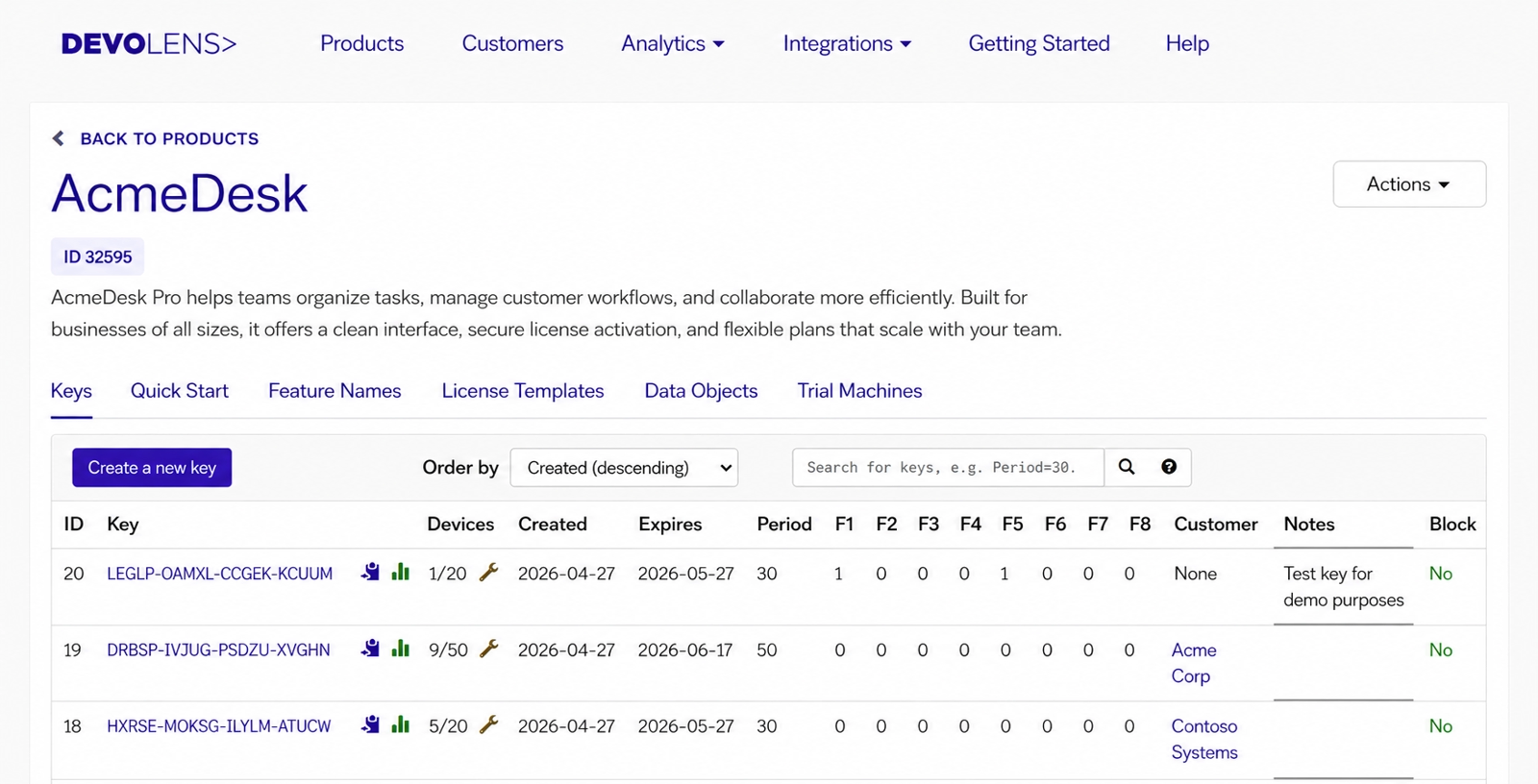 Screenshot of Devolens software licensing system dashboard with license keys and feature flags.
