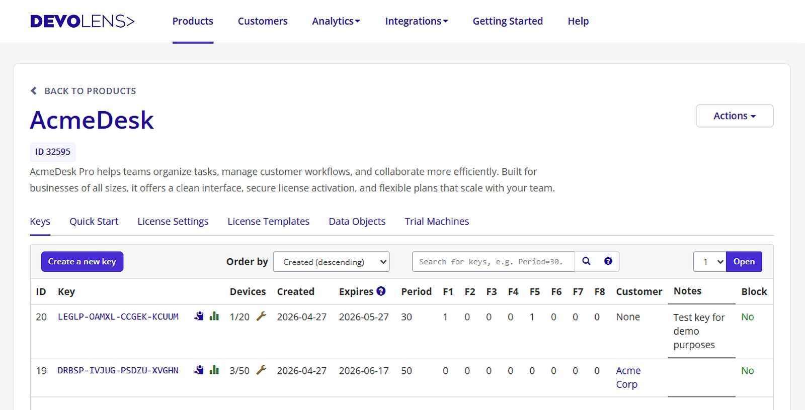 Screenshot of Devolens software licensing system dashboard with license keys and feature flags.