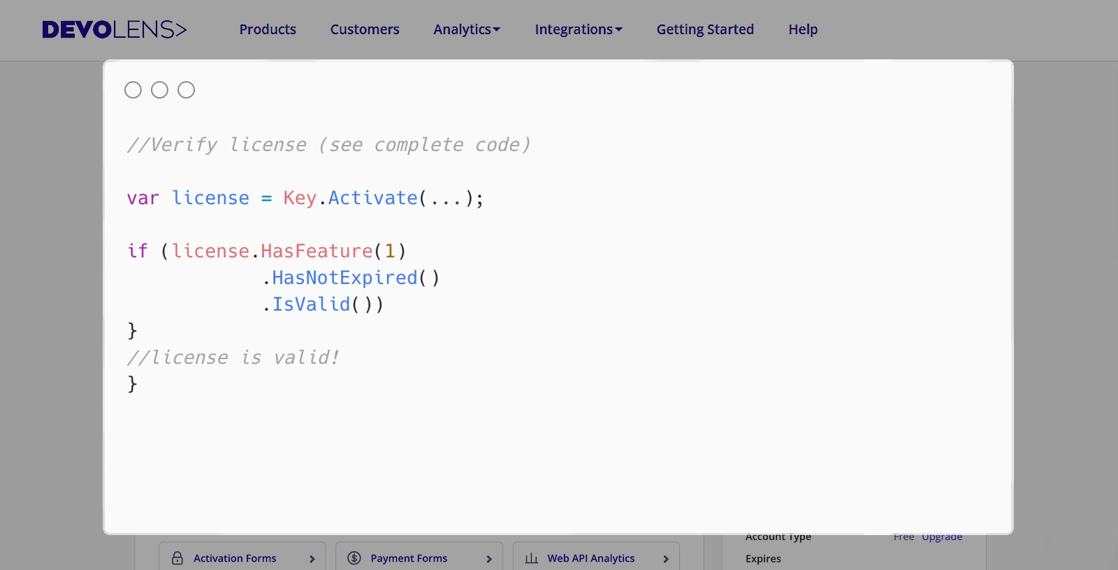 Devolens short code snippet that is pasted into the customers code