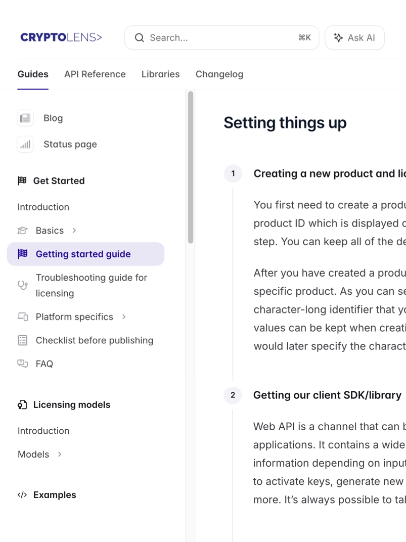 Devolens documentation page showing the implementation guide