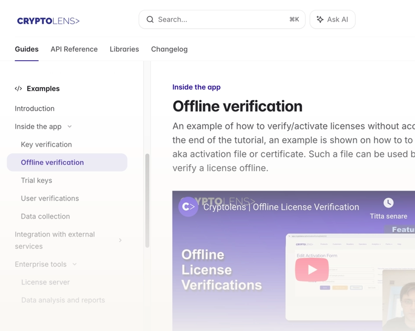 Documentation page covering offline license verifications in Devolens licensing system
