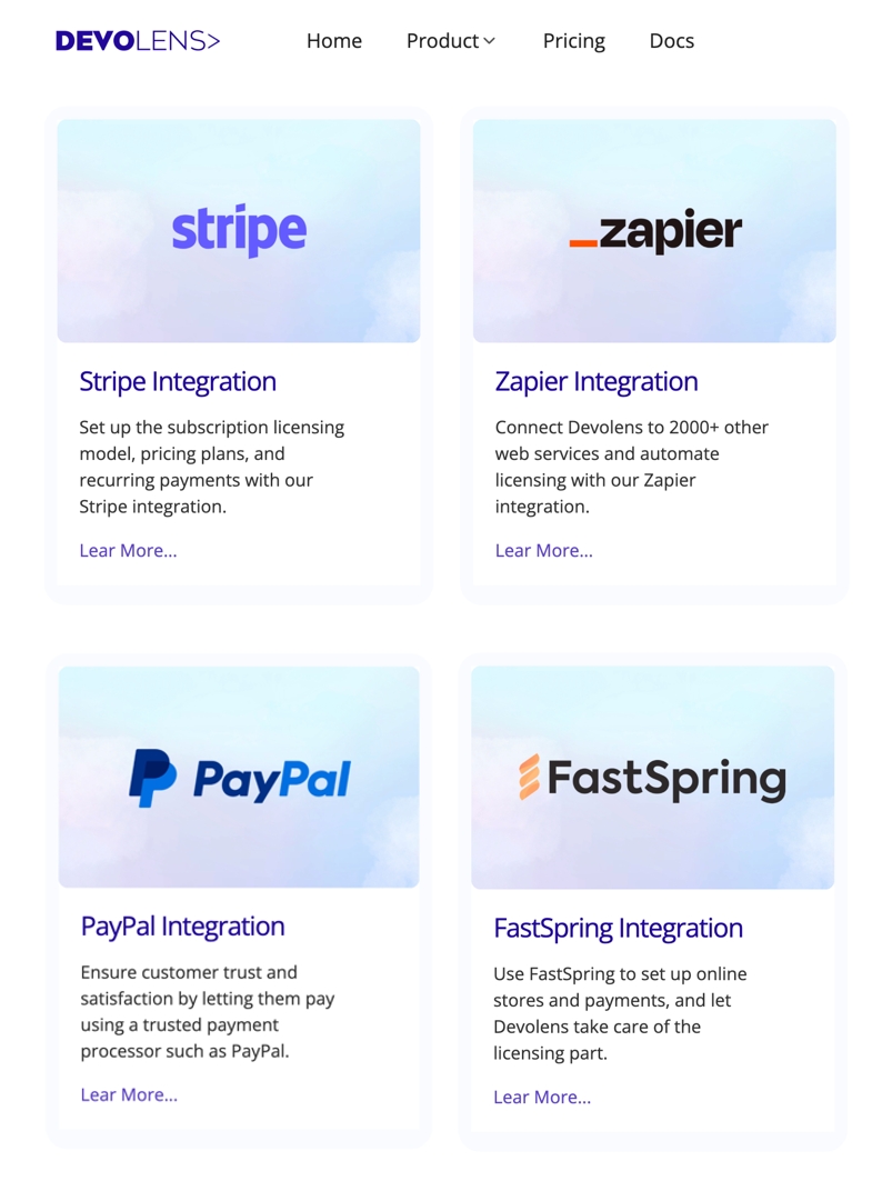 Cards with the Stripe, Zapier, PayPal, and FastSpring logos