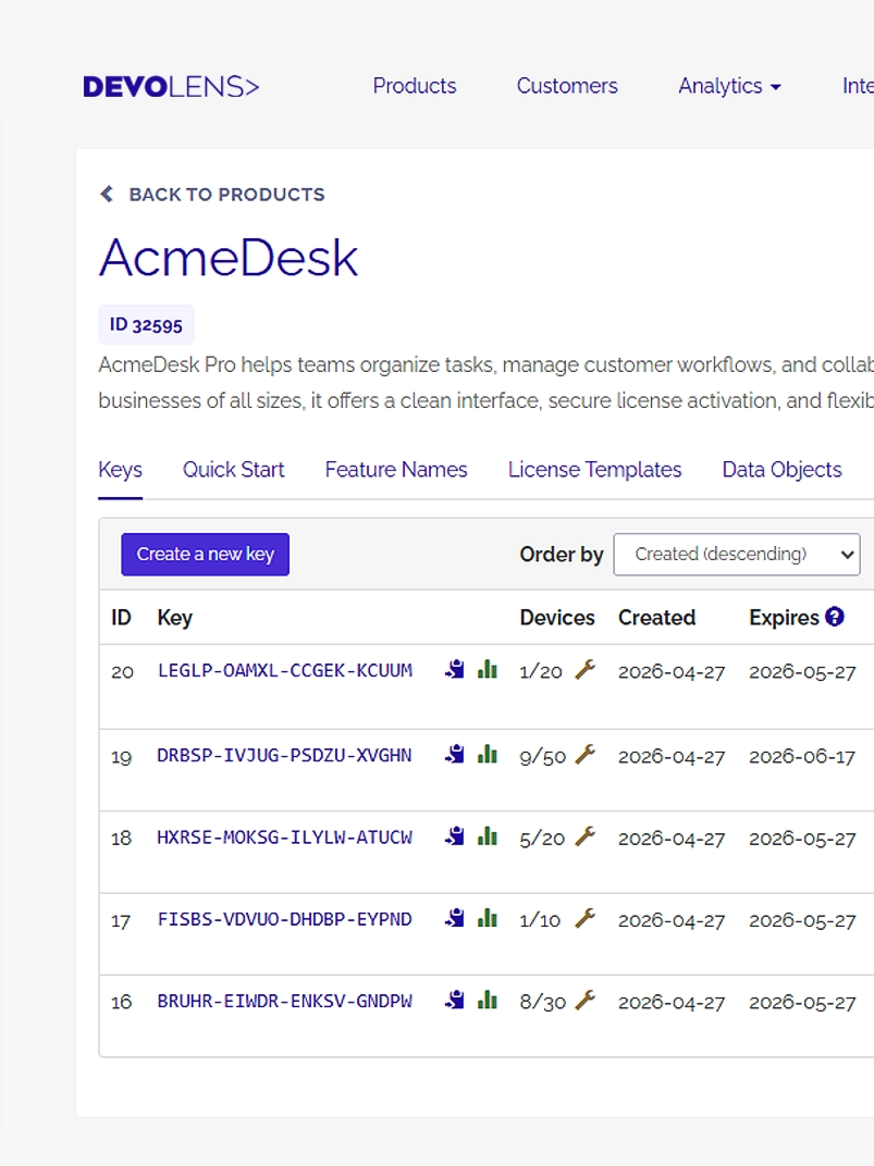 The Devolens SaaS dashboard for license key creation and management showing license keys, expiry dates, devices, and settings.