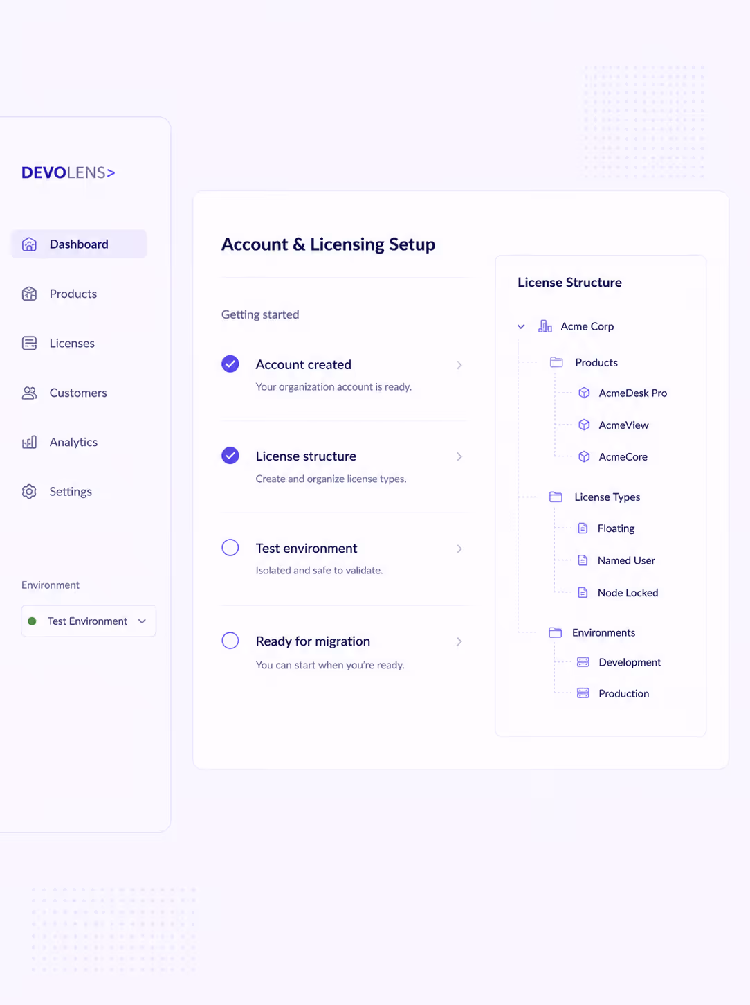 Software dashboard showing account and licensing setup with tasks and license structure hierarchy.